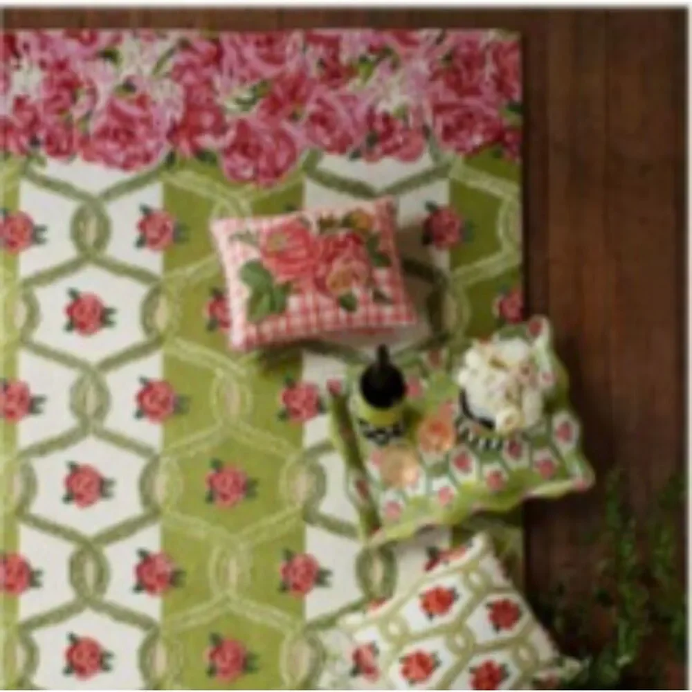 EUC MacKenzie Childs Embroidered Tattersall Rose Lumbar Throw Pillow Set